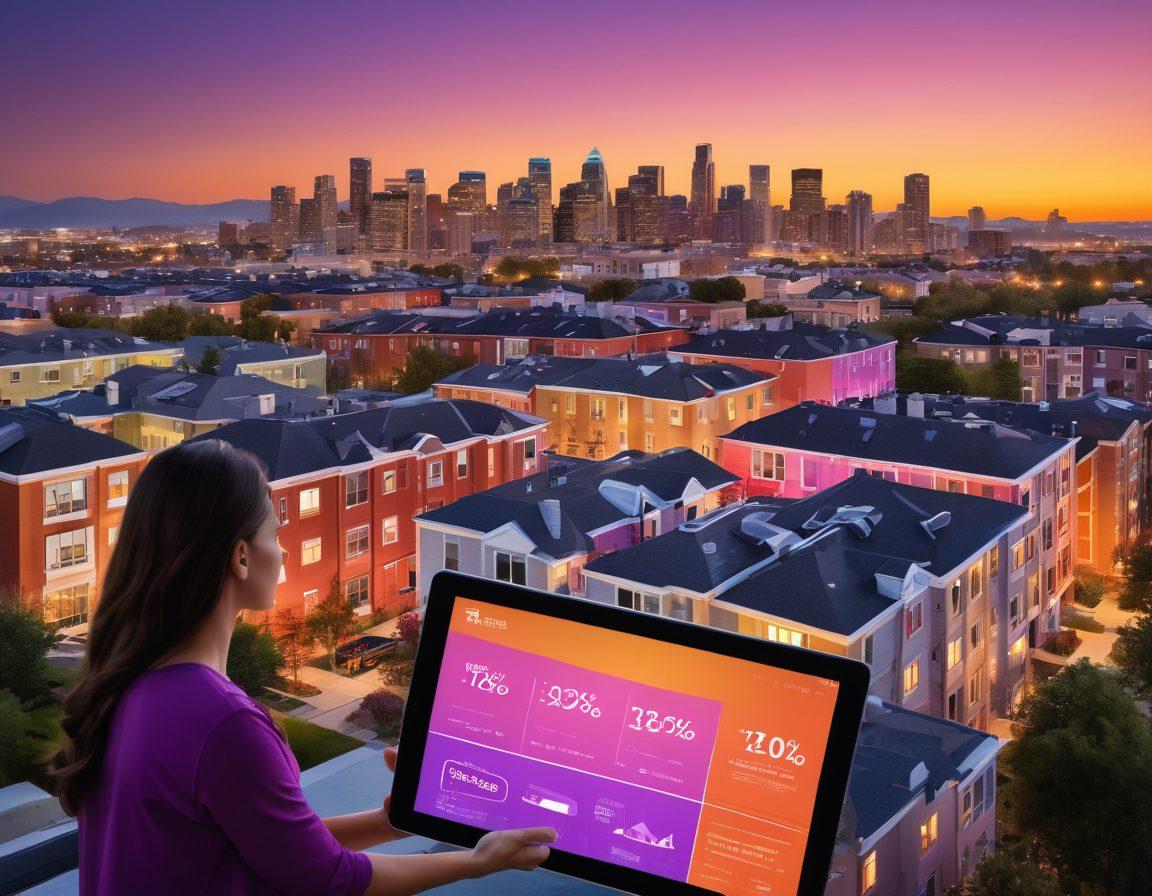 A stylized cityscape featuring diverse apartment buildings with 'For Rent' signs, flanked by a savvy renter inspecting a lease on a tablet and a real estate investor studying market trends, all set against a backdrop of a vibrant sunset skyline. Include elements like charts and graphs subtly integrated into the scene, showcasing the housing market. vibrant colors. super-realistic.