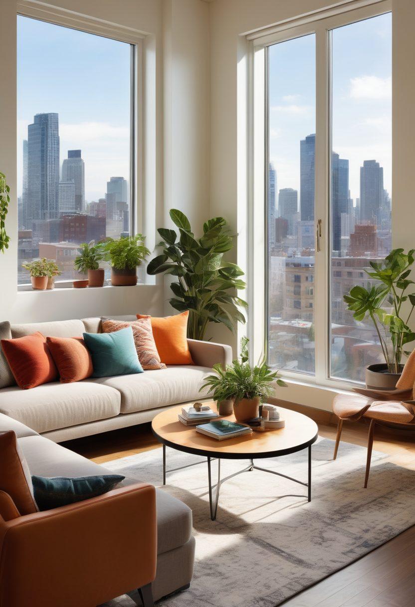 A modern, bright living room showcasing a harmonious relationship between tenants and property managers, featuring a cozy seating area with a friendly conversation taking place, vibrant house plants, and rental documents on a stylish coffee table. A skyline view through large windows symbolizing a thriving rental market. evocative colors. super-realistic.